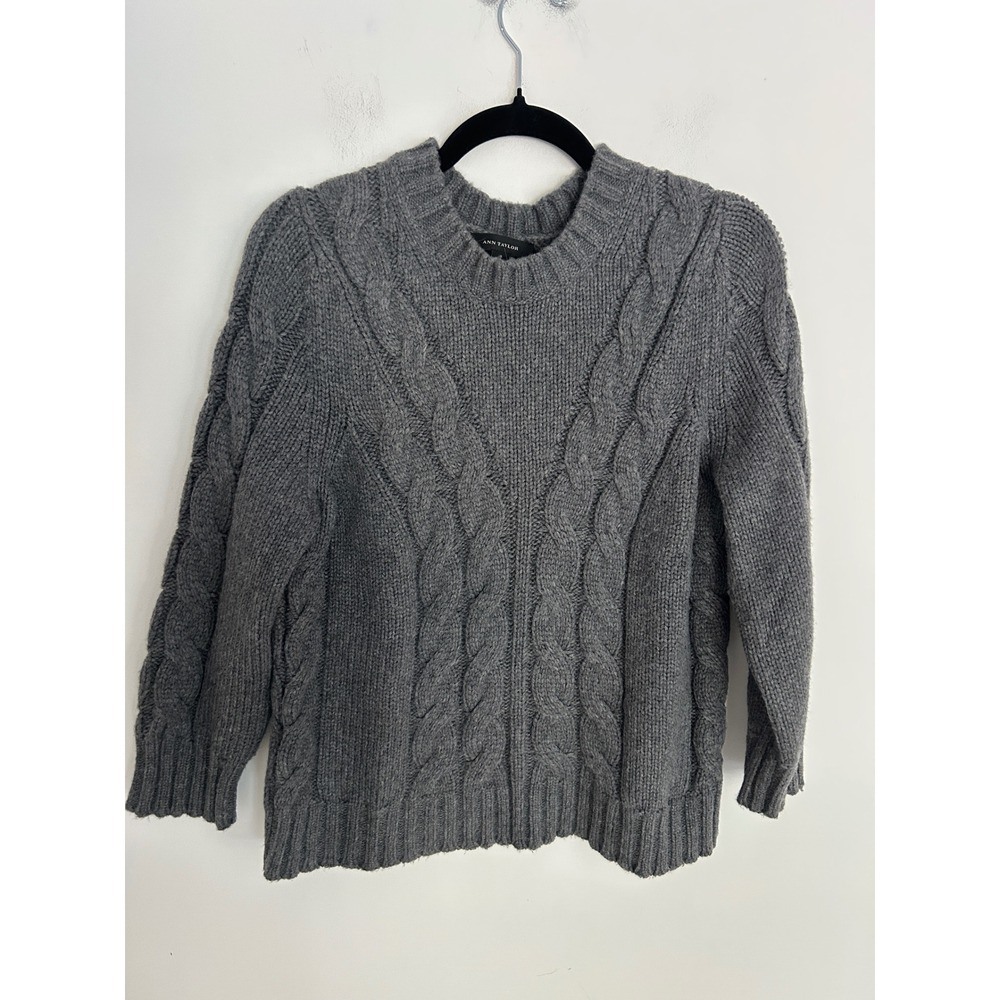 Ann Taylor Gray Cable Knit Merino Wool Alpaca Blend Crewneck Sweater Large